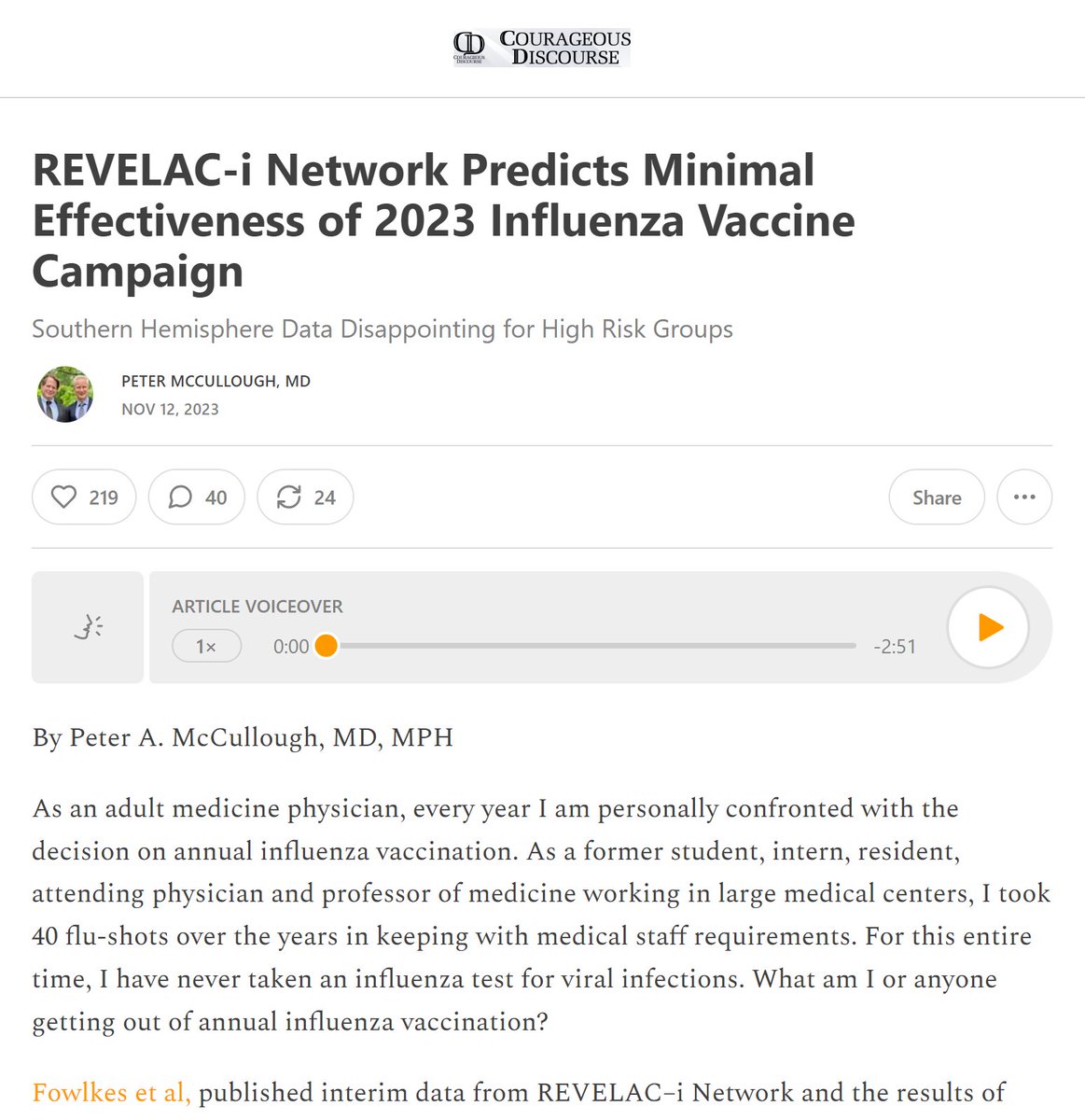 This year influenza vaccination will be essentially worthless in clinical practice.  Here are the data on #courageousdiscourse @CDCgov @IDSA @IDSAInfo @ECDC_Flu @TheInfluenzers @ceirsinfluenza @InfluenzaHub @TheCourtneyLab  open.substack.com/pub/petermccul…