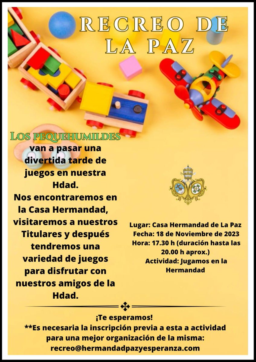 HdadPazCordoba's tweet image. Nueva actividad para los más pequeños de nuestra Hermandad.

Este sábado 18 de noviembre a partir de las 17:30 h. dentro del programa &quot;El Recreo de la Paz&quot; actividades lúdicas y formativas para niños y niñas entre los 4 y 12 años.

¡¡¡Te esperamos!!!