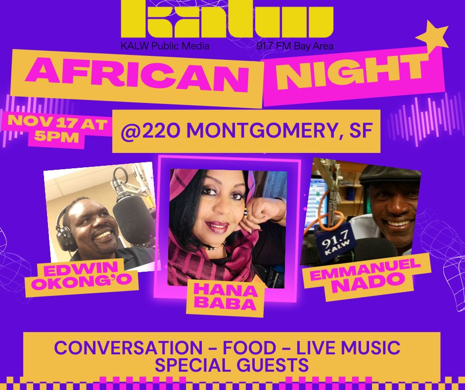 Bay Area- join me and my fellow <a href="/KALW/">KALW</a> African hosts  this Friday in SF for a free evening of conversation, LIVE music and food!
Register for free here:
eventbrite.com/e/african-nigh…