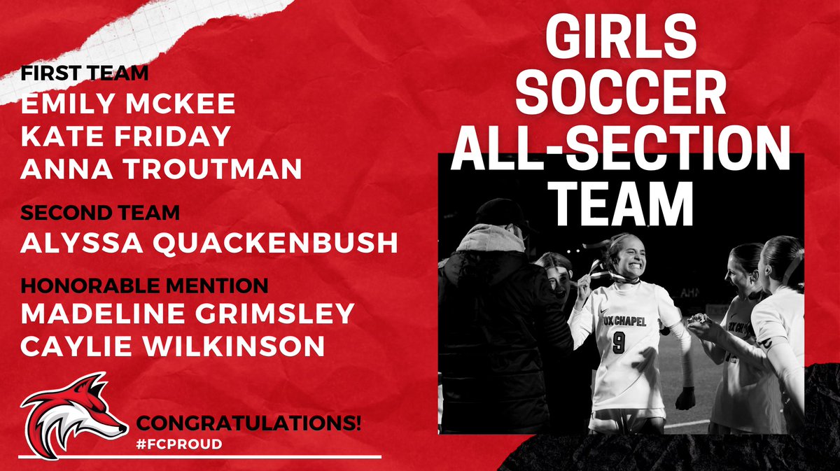 Congratulations to the following members of the Fox Chapel Area girls soccer team named to the All-Section Team! #FCProud 🦊