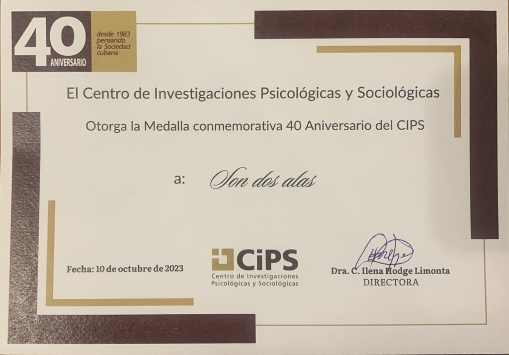 sondosalas's tweet photo. Son Dos Alas fue condecorada con la medalla conmemorativa al onomástico por nuestro apoyo, colaboración y retroalimentación con trabajo investigativo y de intercambio del centro.
.

#cips #citma #ciencia #exchange #research #science #habana #havana #cuba #sdaexperiences #letscuba https://t.co/4gE9HSBIEn