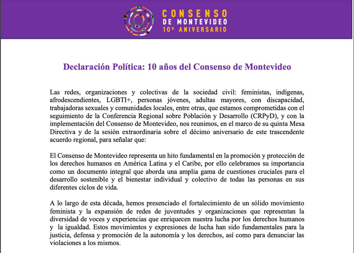 📃 Te invitamos a leer la Declaración de la Sociedad Civil que se presentó el día de hoy en el marco de la 'Quinta Reunión de la Mesa Directiva de la Conferencia Regional sobre Población y Desarrollo'. 📌Descarga el documento: crpd.cepal.org/5m/es/programa… #ConsensoDeMontevideo