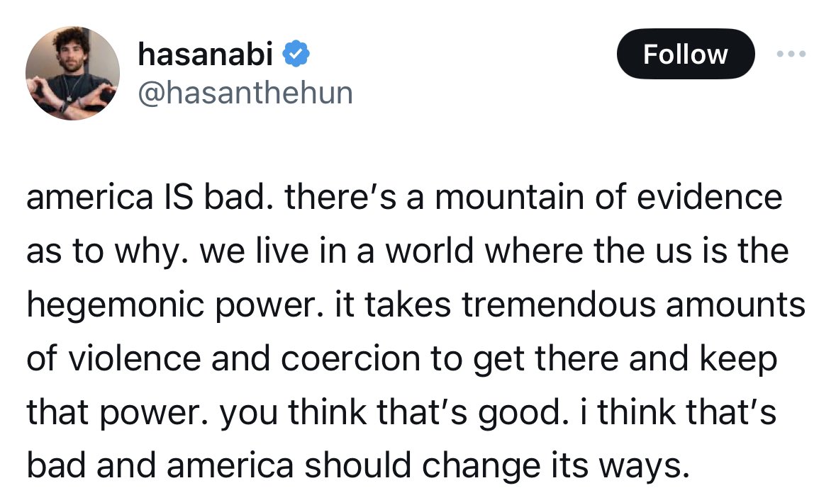 KareemRifai's tweet image. Imagine you're a very famous Chinese streamer on Taobao Live, living in Shanghai. You go onto Weibo and post this exact statement, but about China. By night, the police are at your door dragging you to prison.

That's the country seeking to fill an American hegemonic vacuum.