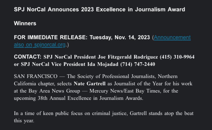 SPJ NorCal rightfully names @NateGartrell as Journalist of the Year