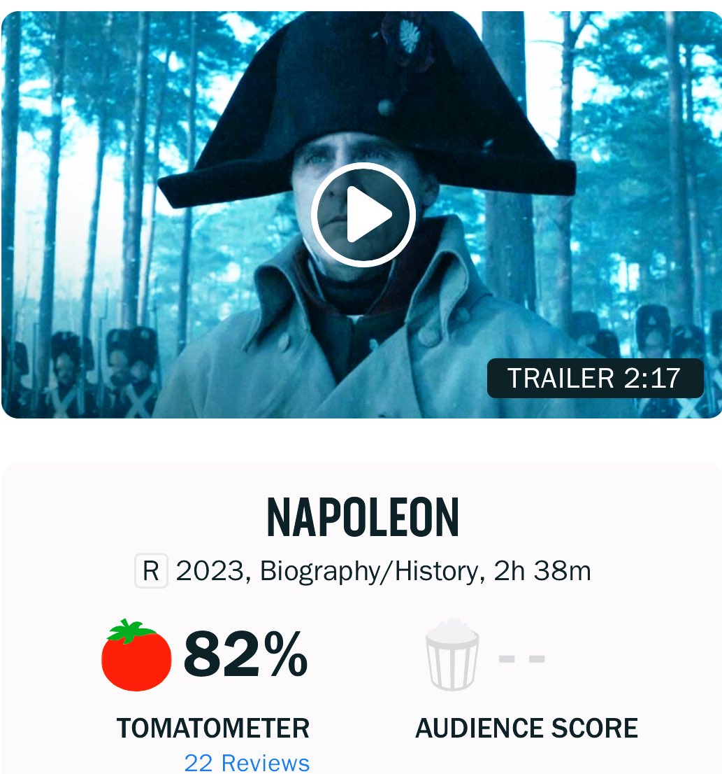 First reviews are in for #Napoleon, currently it's Fresh at 82% on the Tomatometer, with 22 reviews., By Rotten Tomatoes