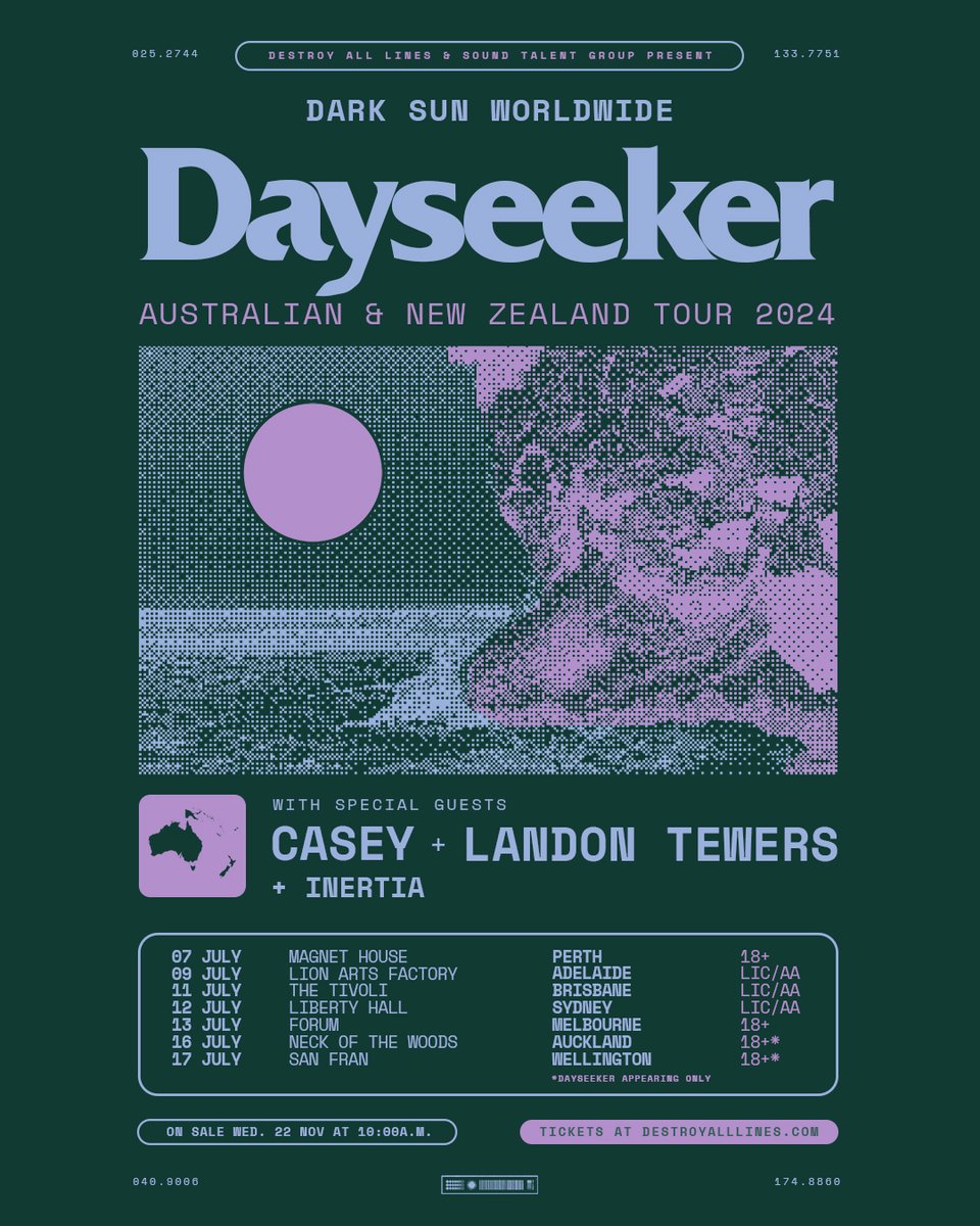 Just Announced:  <a href="/dayseeker/">DAYSEEKER</a> bring their 'Dark Sun Worldwide' Tour to AU, debuting as a headline act in Australia.  With support from Casey, Landon Tewers &amp; Inertia. 
𝐒𝐢𝐠𝐧 𝐔𝐩 𝐅𝐨𝐫 𝐏𝐫𝐞𝐬𝐚𝐥𝐞 ➟  daltours.cc/Dayseeker
Presale - Mon 5pm AEDT 
General - Wed 10am local