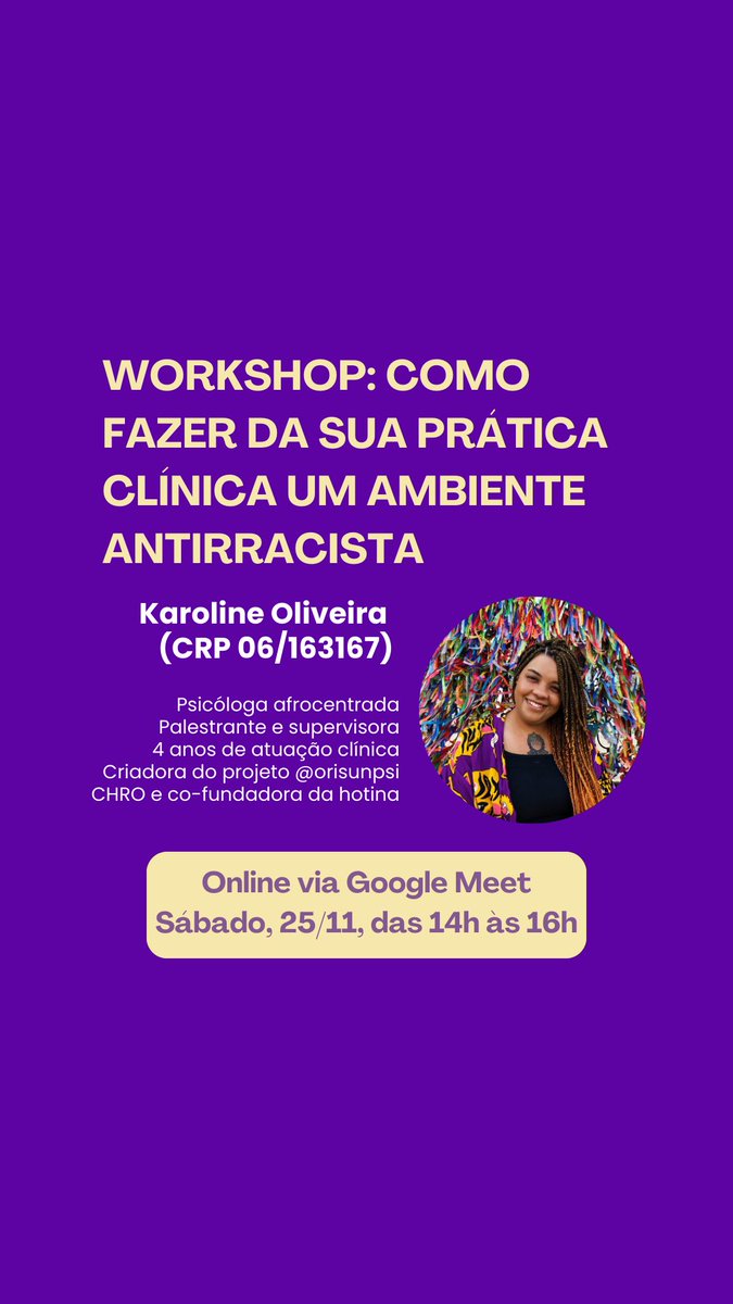 #psitwitter workshop online para tornar sua prática clínica um ambiente antirracista. Vem! sympla.com.br/evento-online/…
