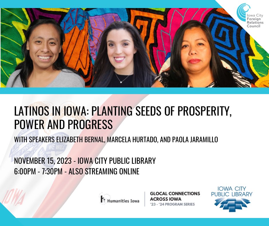 Exciting lineup tomorrow featuring speakers Elizabeth Bernal, Marcela Hurtado, and Paola Jaramillo. They'll share perspectives on this year's Hispanic Heritage Month theme - “Latinos Driving Prosperity, Power, and Progress.” 

Join the conversation! @humanitiesiowa @ICPL