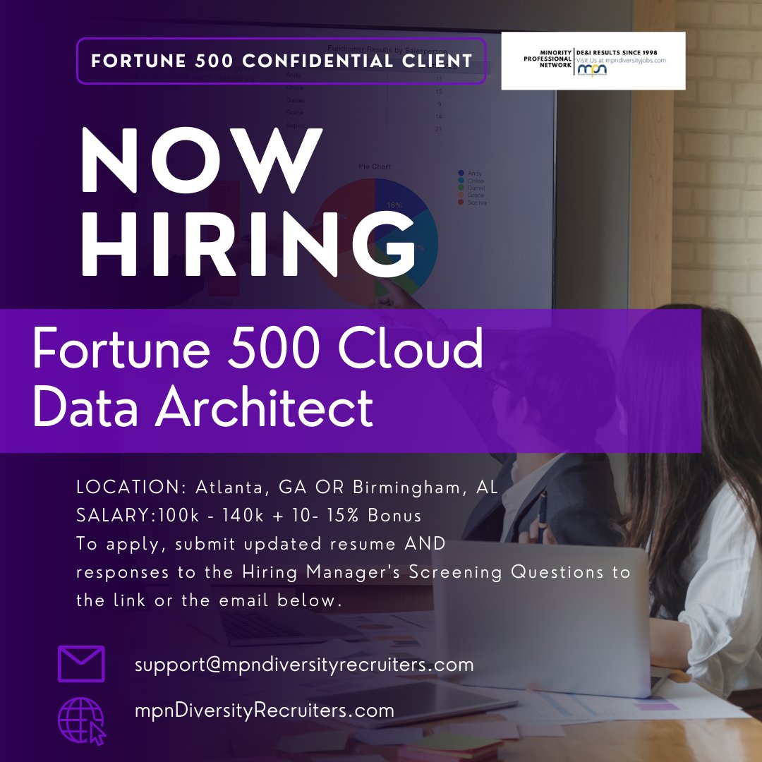 APPLY TO MPN FORTUNE 500 JOBS: DATA JOBS IN GA OR AL

Fortune 500 Cloud Data Architect
Atlanta, GA OR Birmingham, AL
mpndiversityjobs.com/job/63953

#MPN #MPNjobs #HR #Recruiting #Job #Hiring #NowHiring #Work #Staffing #JobOpening #Diversity #DEI #GAjobs #atljobs #ALjobs #birminghamjobs