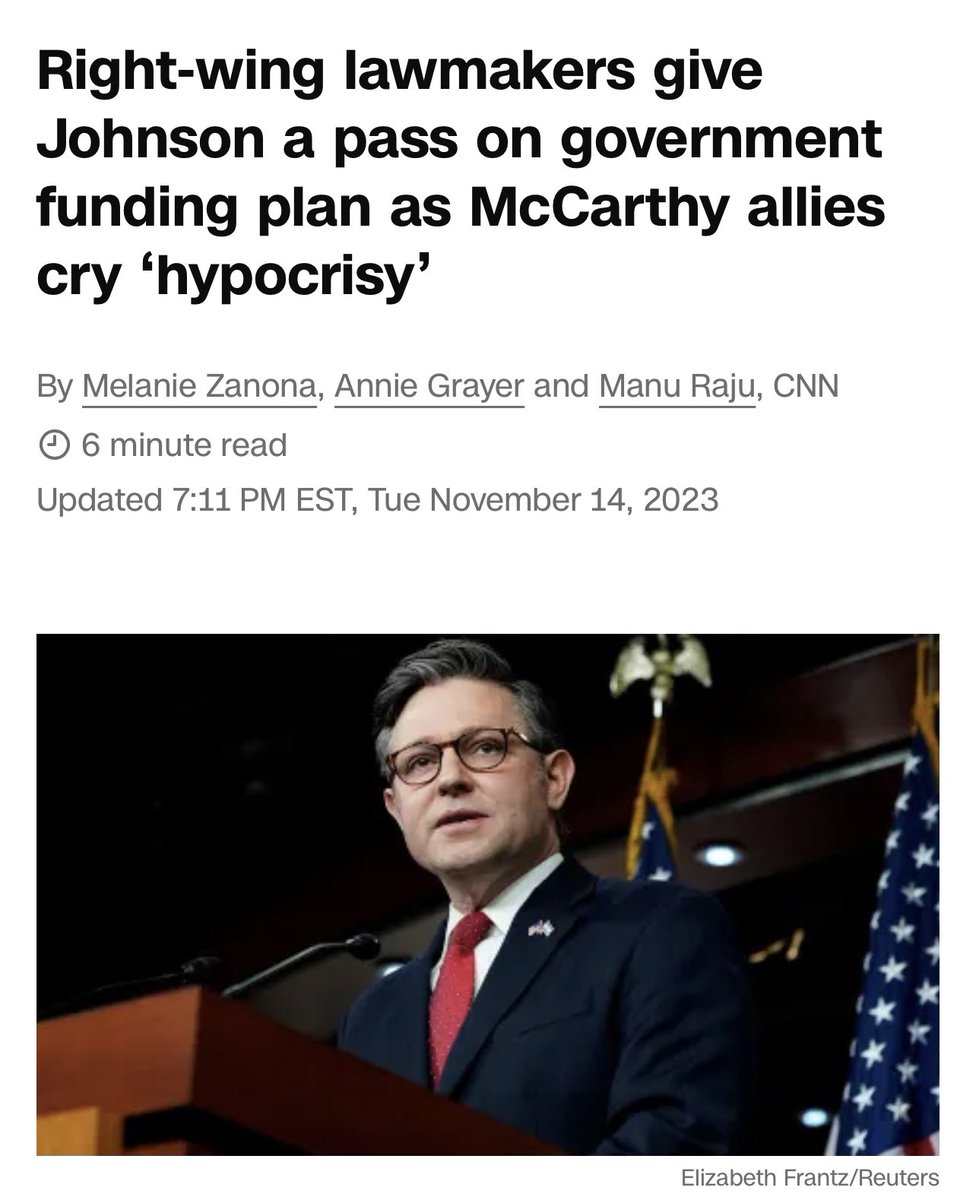 NEW: Johnson relied on Dems to pass a stopgap spending bill, w/ almost identical vote tally to the one that got McCarthy ousted. But Johnson’s not gonna lose gavel over it, prompting McCarthy allies to accuse right of hypocrisy. w/@AnnieGrayerCNN @mkraju cnn.com/2023/11/14/pol…