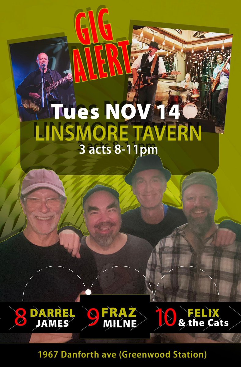 We have an awesome lineup tonight for Indie Tuesdays at the Linsmore! Darrell James, Fraz Milne, Felix & The Cats! Come support some amazing Original acts! @DanforthTweets @DanforthAvenue @EastYork_TO @WhatsUpTOMag @TorontoMusic @IndieCanRadio @StevesMusicTO @MegaMusicToront