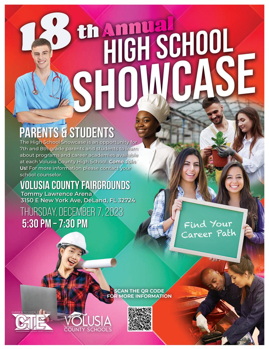 Join us at the 18th Annual HS Showcase on Dec 7, 2023, 5:30-7:30pm at Volusia County Fairgrounds/Tommy Lawrence Arena. Explore programs, and chat with school reps about Cambridge, IB, AP, Career Academies, CTE, JROTC, clubs, arts, and more.