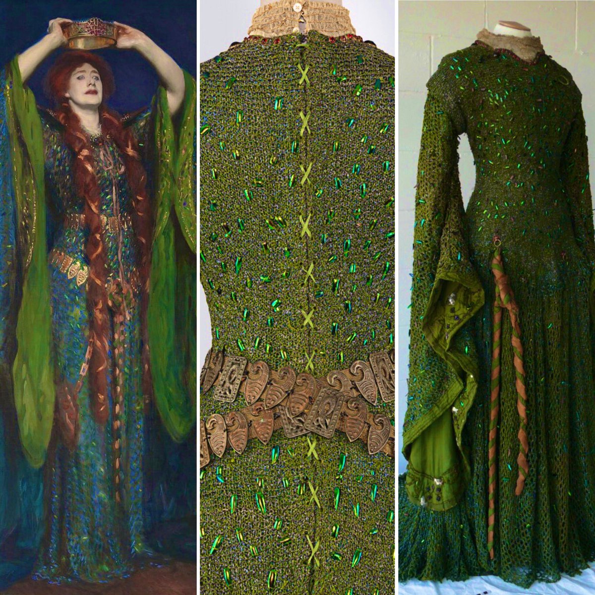 Ellen Terry’s famous ‘beetle wing’ dress was designed for her by esteemed costumier Alice Comyns Carr & first worn on stage in Dec 1888. Meant to invoke fear, the addition of 1000 beetlewing cases created the effect of scales. Restored from 2006-2011. #LegendaryWednesday