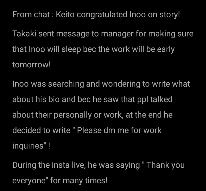 Inoosukii's tweet photo. A short summary of Inoo-kun's first Insta live on his Insta account :

#伊野尾慧 #Inostagram https://t.co/6Mb1zCjASw