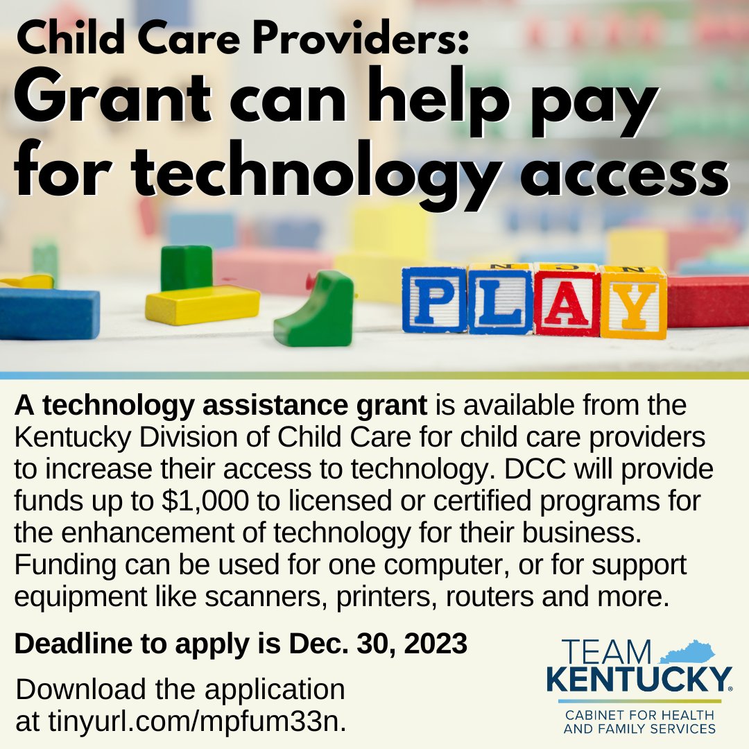 KyDCBS's tweet photo. Our Division of Child Care has a grant opportunity for #childcare providers to increase their access to technology. DCC will provide funds up to $1,000 to licensed/certified programs for the enhancement of  tech needs. Application:​ https://t.co/KwsUXRDFw8
#technology https://t.co/DIwxukAx42