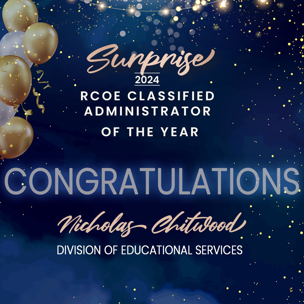 RCOE's tweet photo. Congratulations Nicholas Chitwood, Administrator for the AACI Unit in our Educational Services Division. The #data is solid, and YOU ARE RCOE’s 2024 Classified Administrator of the Year! 👏 🎉 https://t.co/GQlGjZSB0A