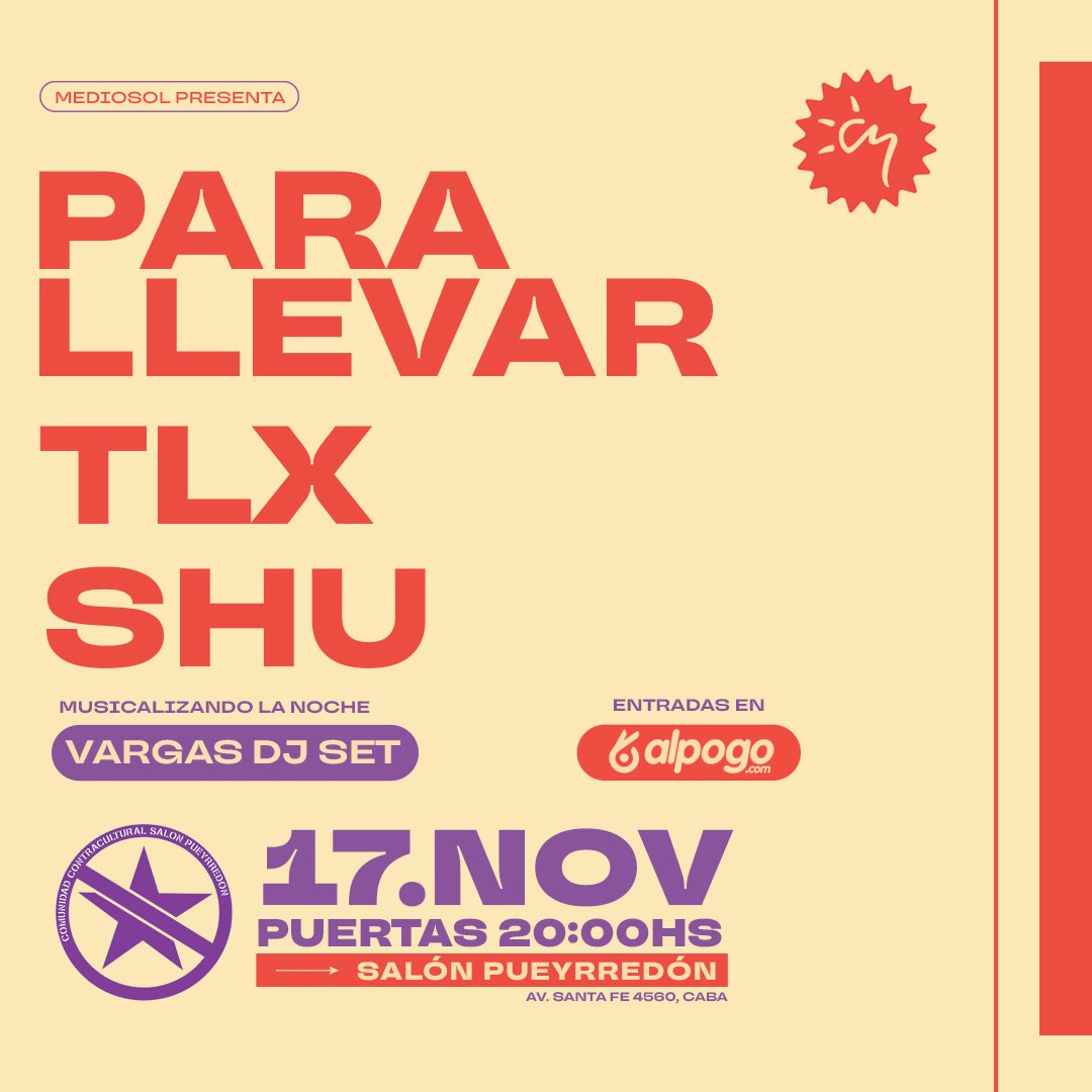 #BuenosAires nos vemos este viernes en el mítico <a href="/salonpueyrredon/">Salón Pueyrredón</a> celebrando nuestros 18 años de carrera junto a <a href="/tlx_/">tlx</a> #shulabandita <a href="/vargasmusica/">VARGAS</a> entradas en el link de la bio.