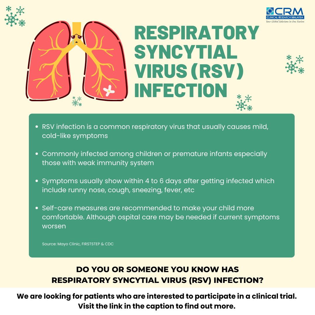 We are looking for patients with Respiratory Syncytial Virus Infection condition. Visit the link below if you are interested to partake in our clinical trial!

clinicalresearch.my/condition/resp…

#findaclinicaltrial #clinicalresearchmy #respiratorysyncytialvirusinfection