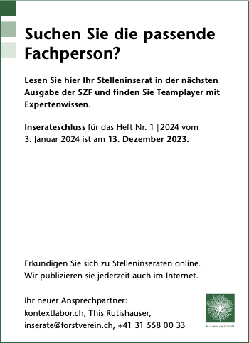 Stelleninserate in der #SZF:
Genau dort, wo Sie Fachpersonen suchen, wird die #SZF gelesen. Inserieren Sie offene Stellen für Forstfachleute, Naturgefahrenspezialistinnen und Experten für Umweltfragen in der Schweizerischen Zeitschrift für Forstwesen. <a href="/SZFJFS/">Schweizerische Zeitschrift für Forstwesen</a>