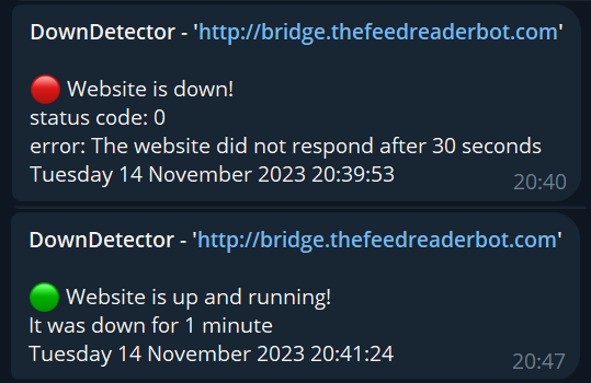 Detect if a website is down using the Feed Reader bot 😉 -> a new "Down Detector" bridge is available on: bridge2.thefeedreaderbot.com

t.me/TheFeedReaderB…
tfrbot.com
#Telegram #Bot #RSS