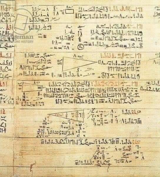 diletante36's tweet photo. O papiro de Ahmose ou Rhind com cerca de 3670 é o manuscrito mais antigo escrito sobre Álgebra e Trigonometria.

É provavelmente um livro de matemática, usado pelos escribas para aprender a resolver problemas matemáticos específicos, usando  exemplos apropriados.

Oitenta e quatro problemas estão incluídos no texto, abrangendo tabelas de divisões, multiplicação e tratamento de frações; e geometria, incluindo volumes e áreas.

O escriba Ahmose datou-o no ano 33 de Apófis, o penúltimo rei da 15ª Dinastia Hicsos. O outro lado do papiro menciona o 'ano 11' sem o nome do rei, mas com uma referência à captura da cidade de Heliópolis. Permitindo uma datação segura.

Uma curiosidade sobre o documento é um dos métodos de multiplicação, que faz uso do sistema binário, o mesmo usado pelos computadores modernos.