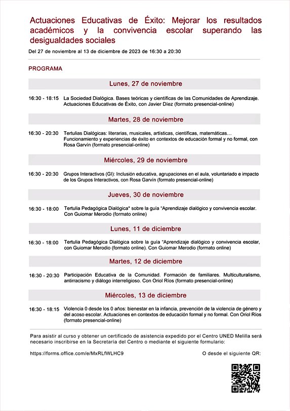 Garalman's tweet photo. 🎯Lograr éxito académico, mejorar la convivencia escolar y superar desigualdades es posible.

🔝Curso "Actuaciones Educativas de Éxito" @UNED @UNEDMelilla (27 nov-13 dic). 

👥💻Formato híbrido.

🧐GRATUITO: certificado + 1 crédito ECTS.

📩Inscripciones: https://t.co/zCiUsKI7Uk https://t.co/4zIqzDF7np
