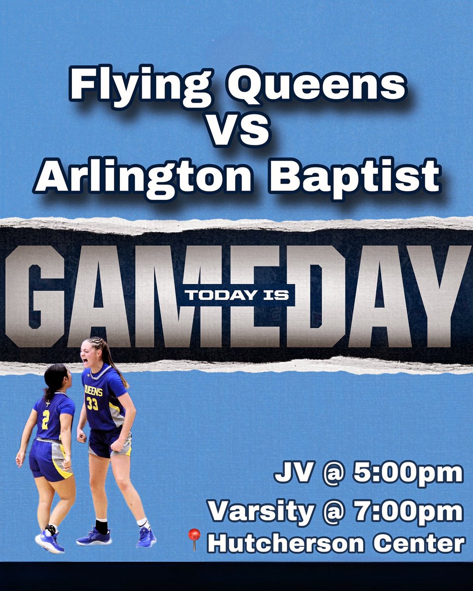 GET EXCITED!! IT’S GAME DAY!!!✈️👑

⌚️: Tipoff at 7:00pm! 
📍: The Hutch
⛹🏼‍♀️: vs. Arlington Baptist University 
📺: fan.hudl.com/United-States/…

LET’S GO QUEENS!!✈️👑🏀