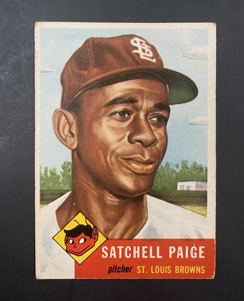 Sacreseller's tweet image. Very nice and vibrant 1953 Topps Baseball #220 Satchel Paige! 

There are some hard too see unless under the right lighting small surface issues and one or two very tiny surface wrinkles. Hard to tell fully on it. 

Also centering is not horrible compared to others!

$945