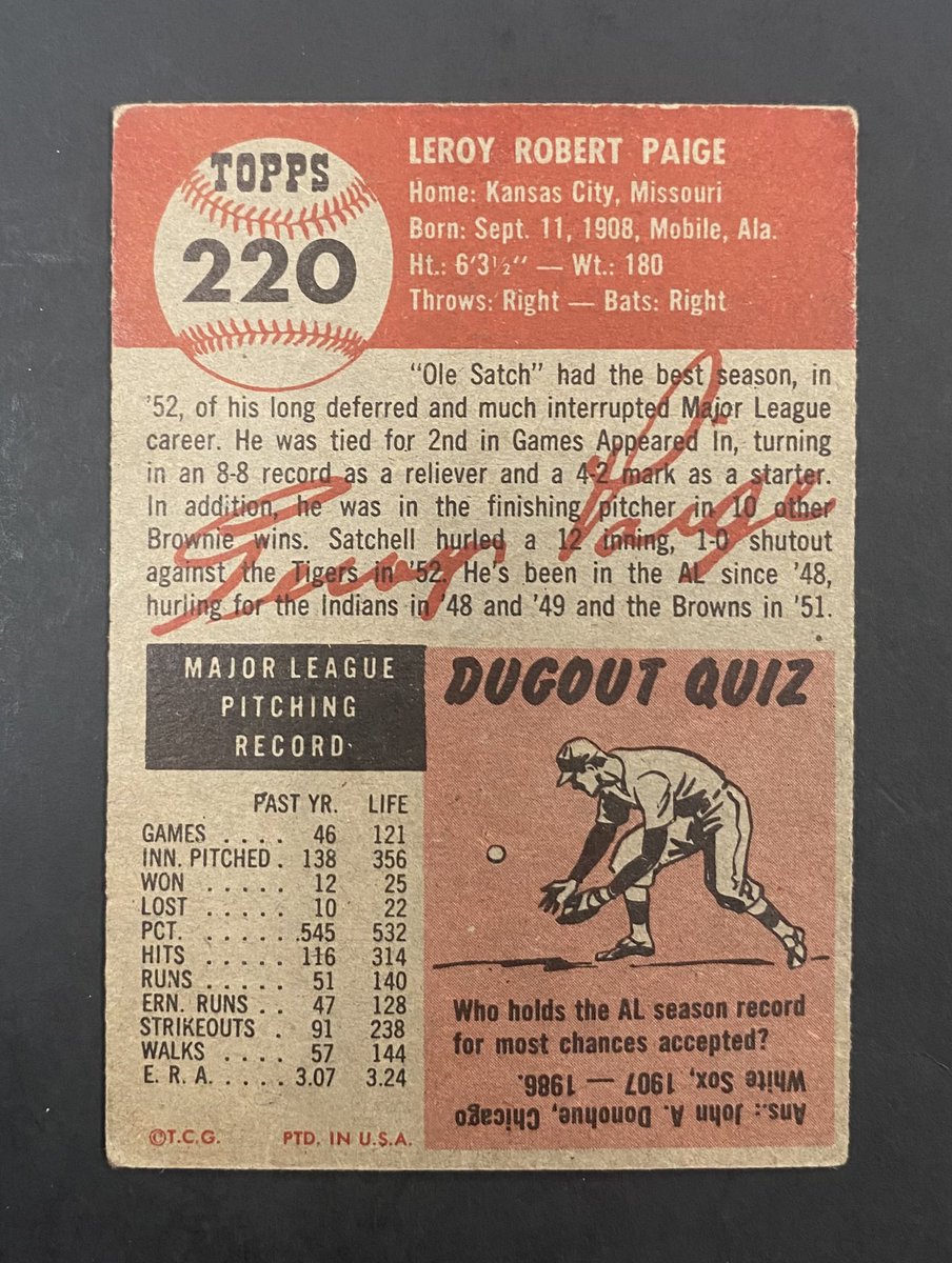 Sacreseller's tweet image. Very nice and vibrant 1953 Topps Baseball #220 Satchel Paige! 

There are some hard too see unless under the right lighting small surface issues and one or two very tiny surface wrinkles. Hard to tell fully on it. 

Also centering is not horrible compared to others!

$945