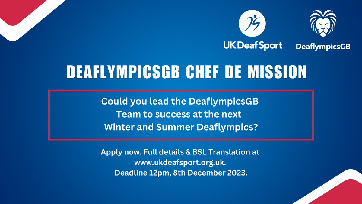 DeaflympicsGB Chef de Mission Vacancy BSL translation - ukdeafsport.org.uk/deaflympicsgb-… @UKDeafSport are seeking a Chef de Mission to lead the DeaflympicsGB Team to the next Winter and Summer Deaflympics. Could that be you? Apply by 12pm 8 December 2023 #Deaflympics #chefdemission #cdm