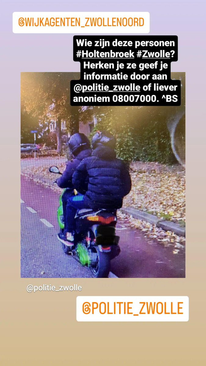 Wie zijn deze personen? Zij reden zeer gevaarlijk door #Holtenbroek #Zwolle. Heeft u informatie bel dan 09008844 <a href="/POL_Zwolle/">Politie Basisteam Zwolle</a> of liever anoniem bel dan met 08007000. 

#verkeer #veiligheid #handhaven #leefbaarheid #wijkagenten

^BS