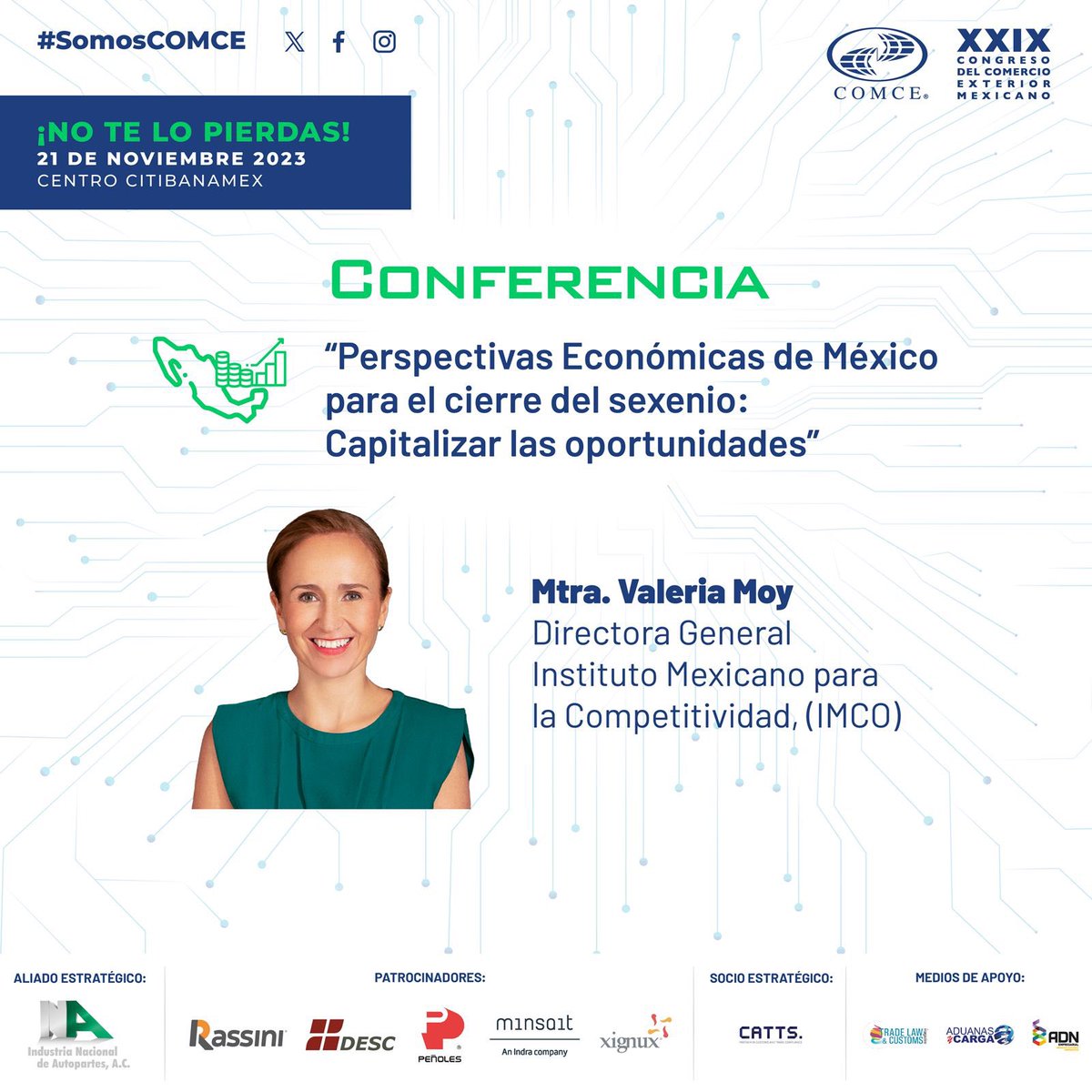 CongresoCOMCE's tweet photo. Conferencia: "Perspectivas Económicas de México para el cierre del sexenio: Capitalizar las Oportunidades" 
¡Participa con nosotros!
¡APARTA LA FECHA!
🗓 21 de Noviembre 2023
📌 Centro Citibanamex, Ciudad de México
https://t.co/GJ9Pm7FEl0
#CongresoCOMCE #SaveTheDate #SomosCOMCE https://t.co/GG5MzFKoOL