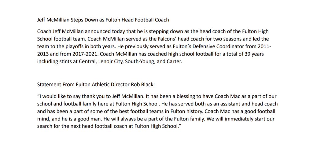 The Fulton Football Family thanks Coach Mac for all he has done for Fulton High!