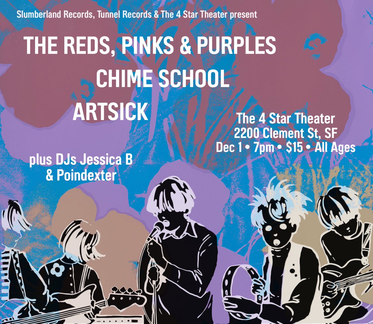 A reminder about this epic SLR party we’re having at the 4 Star Theater on December 1st: Artsick, Chime School + The Reds, Pinks & Purples are playing live, DJs Jessica B and Poindexter are spinning records, and @tunnelrecordssf will have SLR recs galore. 4-star-movies.com/calendar-of-ev…