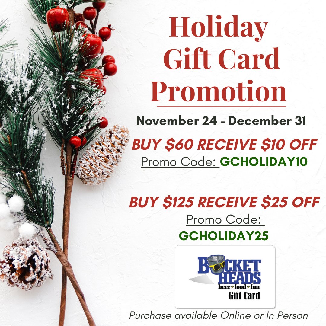 🌟 Holiday Gift Card Promotion Kicks Off: November 24 thru December 31, The perfect gift for your loved ones! 
🎅 Kick off the holiday season with our fantastic Gift Card Promotion:

Buy $60 &amp; Receive $10 Off!
Buy $125 &amp; Receive $25 Off! 🎉