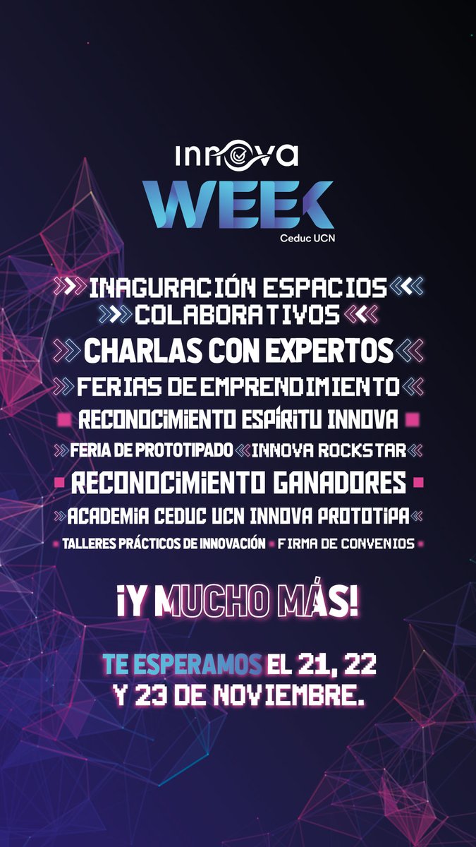 🗓️ ¡Ya tenemos fecha para la #InnovaWeek!

🚀 Este 21, 22 y 23 de noviembre serás parte de una imperdible oportunidad de vivir la #innovación 

💡Sigue las redes sociales de nuestras sedes para enterarte de la agenda de actividades que estaremos realizando.