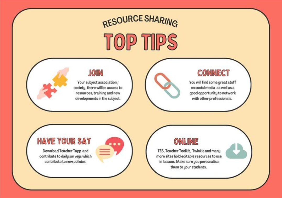 My top tips shared with our PGCE students last week on sharing best practice & resources 📝💻 @TeacherTapp @TeacherToolkit @twinklresources @tes @Tesforteachers