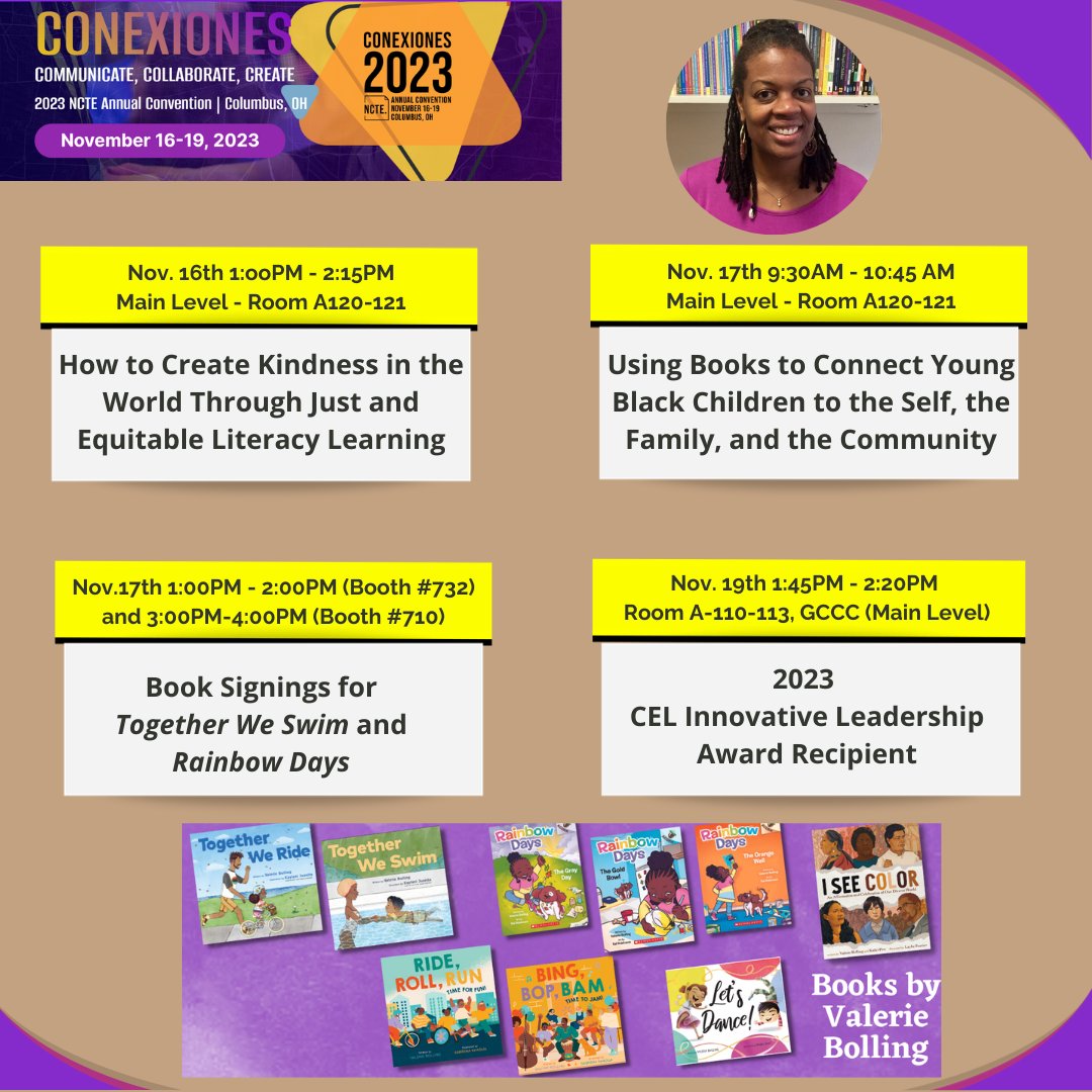 Looking forward to heading to #NCTE23 tomorrow! Attend one of my sessions, or stop by one of my signing booths to say hello. I can't wait to see all of the #teachers, #administrators, and, of course, #authors and #illustrators. @ncte @KidlitInColor @Soaring20sPB #AuthorLife