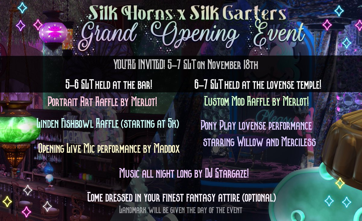 SilkHorns's tweet photo. Get your calendars ready, Silk Horns is having a GRAND OPENING on November 18! We have something for everyone: tunes, custom mod raffle, art raffle, linden raffle, live singing, and (optional) sexy moans for the freaks 🦄 more info in comments #secondlife https://t.co/LxwK0xI7ay