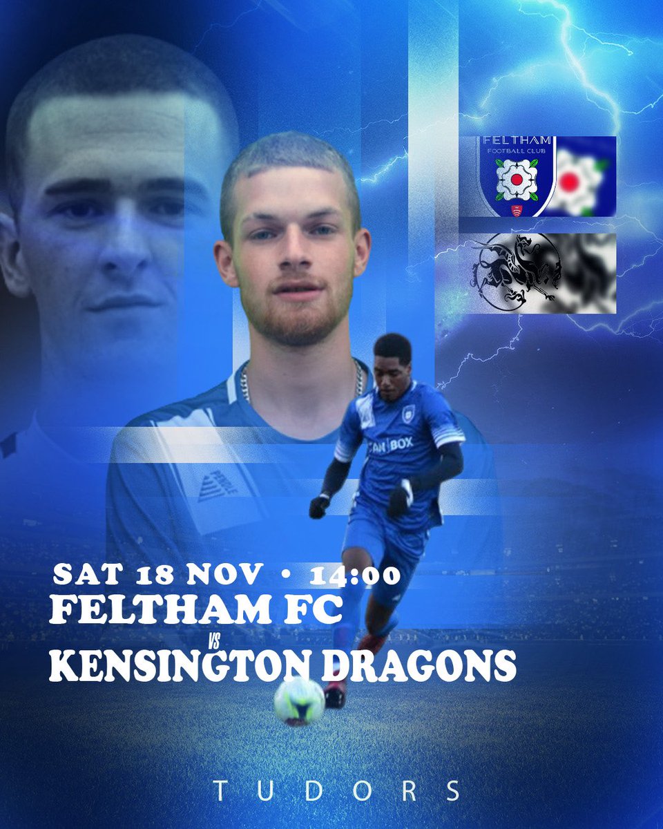 FelthamFC's tweet photo. Feltham FC face @KenDragonsFC at home in there next league game! 

📆 SAT 18 NOV 2023 14:00PM KO
📍Spelthorne Football Club TW151RY
🆚@KenDragonsFC 

Come down and show some support 
TUDORS ⚽️ https://t.co/i8xit8RSgN