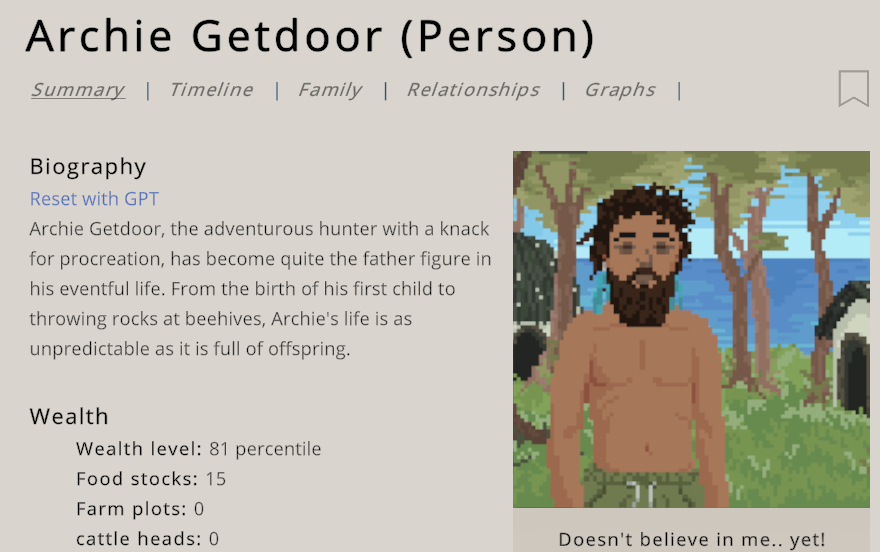 GlandeurLessard's tweet photo. We've been toying with GPT to generate character biographies based on their actual event logs and it's quite amusing. https://t.co/QKCZrchQPD