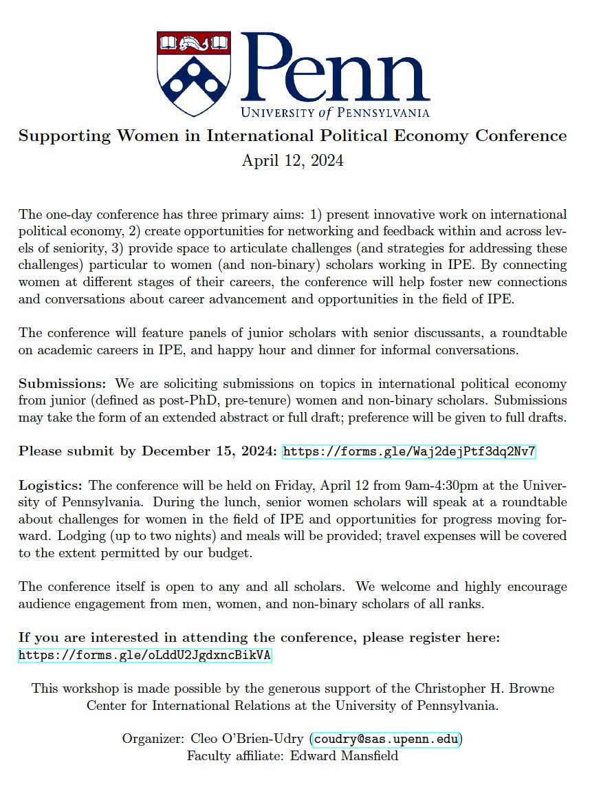 CfP: Supporting Women in International Political Economy Conference When: April 12 Where: UPenn What: Mentorship, feedback, solidarity! Who: Junior women & non-binary scholars (post-PhD) Submit full drafts by December 15: forms.gle/Waj2dejPtf3dq2…