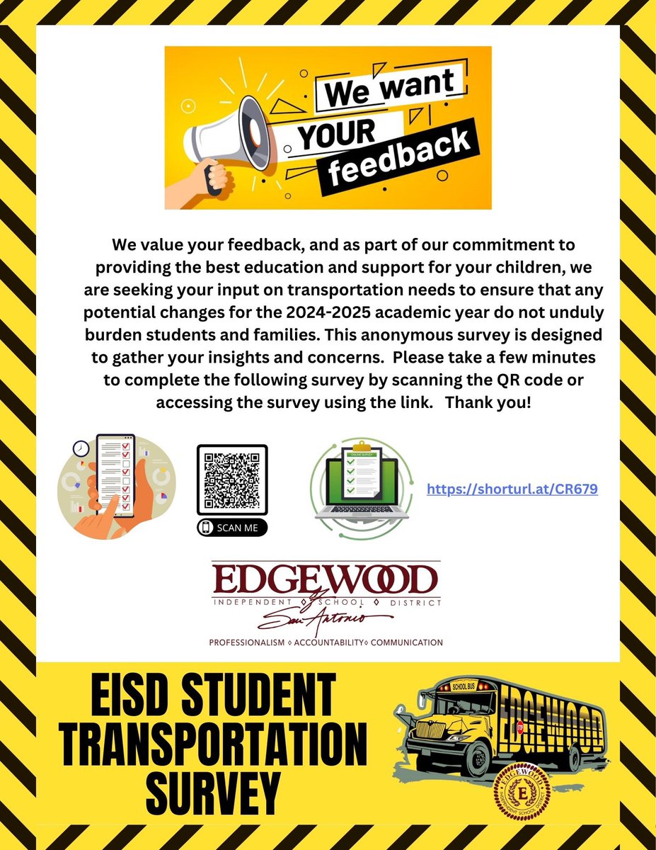 @EISDofSA families we need your feedback on student transportation for the 2024-2025 school year. Please take a few minutes to provide your input. Use the QR code or use this link: shorturl.at/CR679 #YourOpinionMatters @DrH_OnTheEdge