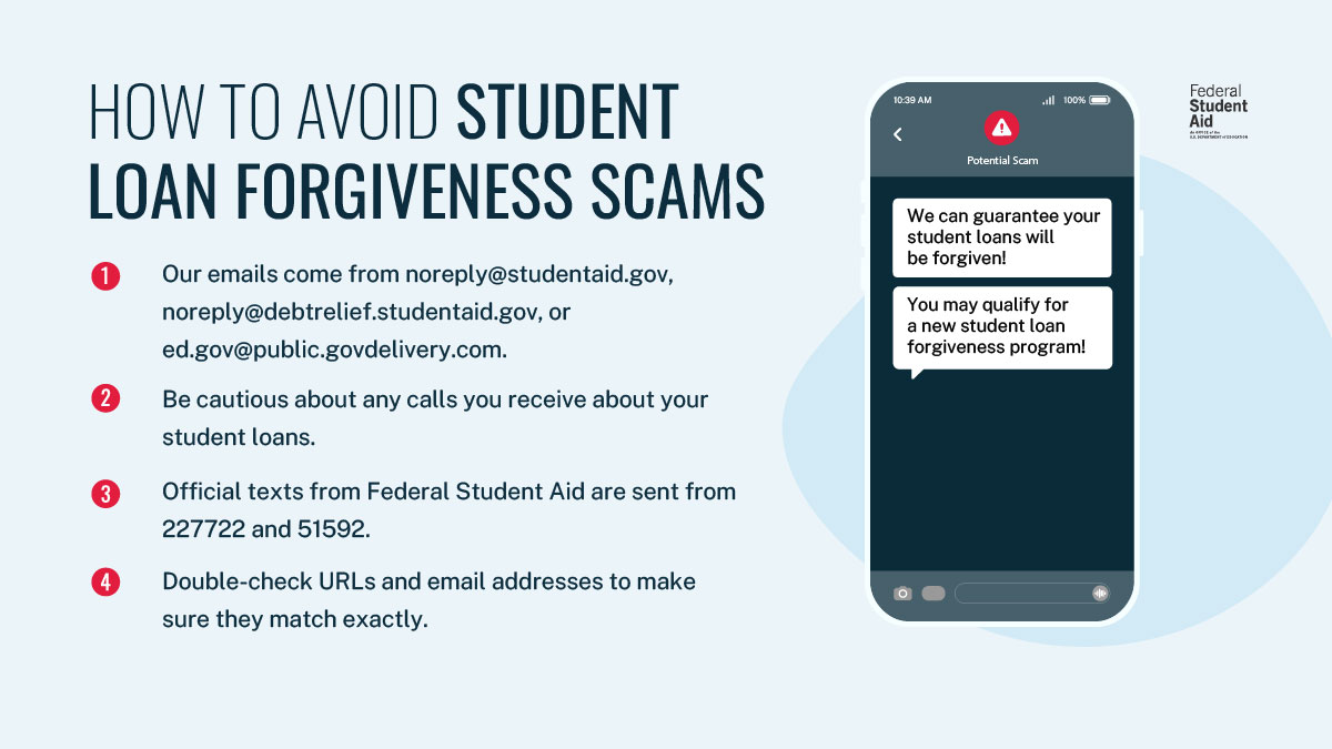 🙅‍♀️ Get out of here, scammers!​ Be 𝐢𝐧 𝐭𝐡𝐞 𝐤𝐧𝐨𝐰 with these tips to avoid student loan forgiveness scams. StudentAid.gov/articles/avoid…