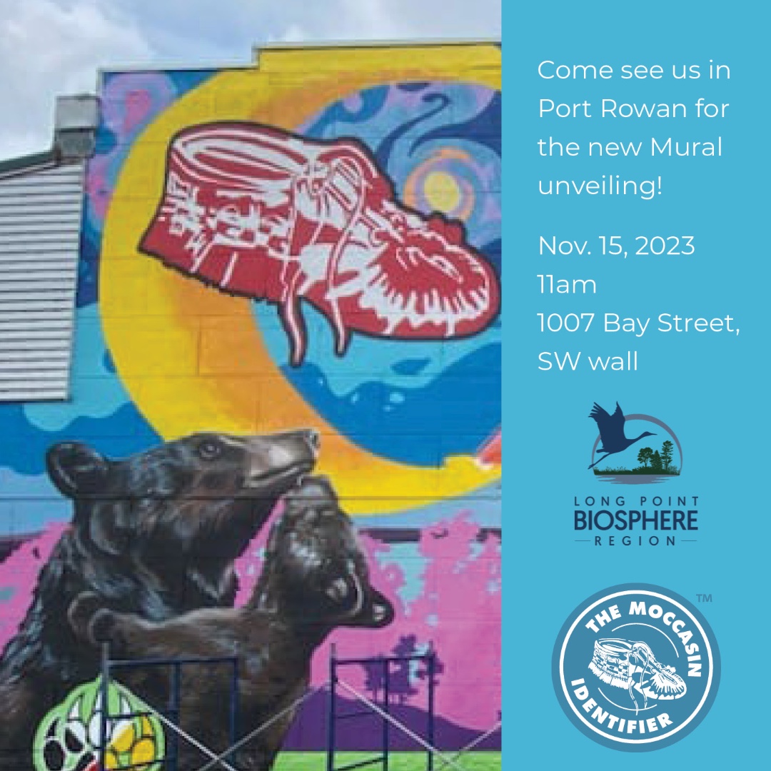 Come to the unveiling of  the Moccasin Identifier Initiative Installation in Port Rowan, the newest addition to the Long Point Biosphere Mural Installations on the Southwest wall at 1007 Bay Street. Nov. 15, 2023, 11 am #CommunityArt #CulturalHeritage #PortRowanCelebration
