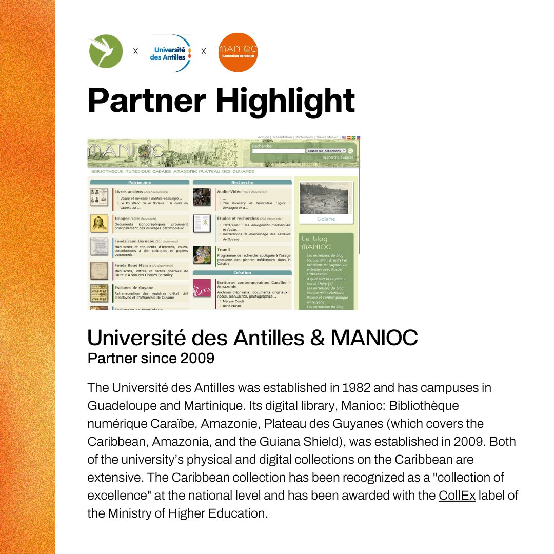dLoCaribbean's tweet photo. Happy Tuesday! 🥰 

Today's #dLOCPartnerHighlights is on the @UnivAntilles &amp; its digital library counterpart, #MANIOC, who have been partners since 2009. The university's extensive #Caribbean collections have been recognized as a collection of excellence.✨600+ items are on dLOC! https://t.co/htEg9uk63m