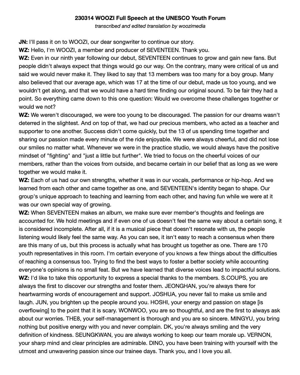 woozimedia's tweet photo. transcription of #woozi’s speech at the unesco youth forum

t/n: there are some slight edits to the translation provided in the original video https://t.co/diGfJFkSVa