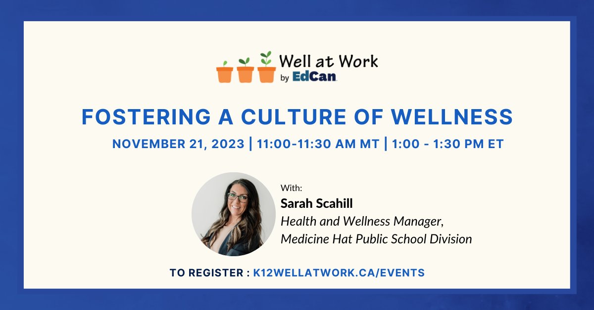 Don't miss #WellatWork’s Stories of Success Webinar Series, which profiles the many ways that school districts across Canada are fostering workplace wellbeing. Next week, we're featuring Medicine Hat Public School Division! Sign up: ow.ly/Wj7P50Q7EAp