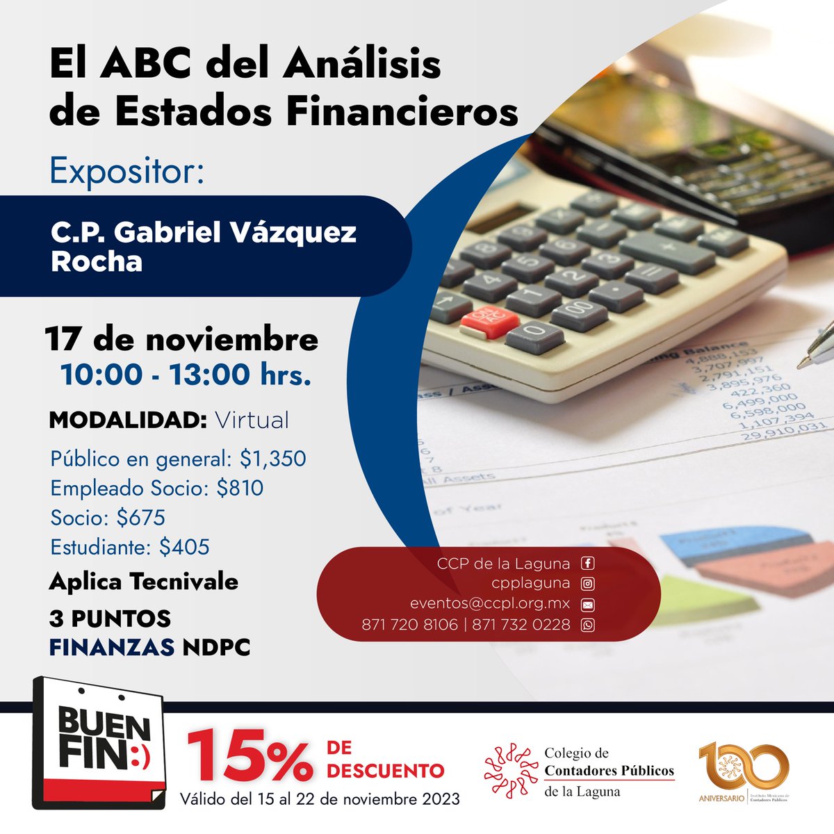 ‼️ 𝐈𝐍𝐒𝐂𝐑𝐈́𝐁𝐄𝐓𝐄 𝐀 𝐍𝐔𝐄𝐒𝐓𝐑𝐎𝐒 𝐏𝐑𝐎́𝐗𝐈𝐌𝐎𝐒 𝐂𝐔𝐑𝐒𝐎𝐒
Aprovecha el 15% de descuento por el Buen Fin 🤩
· Código de ética 15 de noviembre
· ABC del análisis 17 de noviembre
📲 Solicita más información por medio de nuestro WhatsApp 8711044474