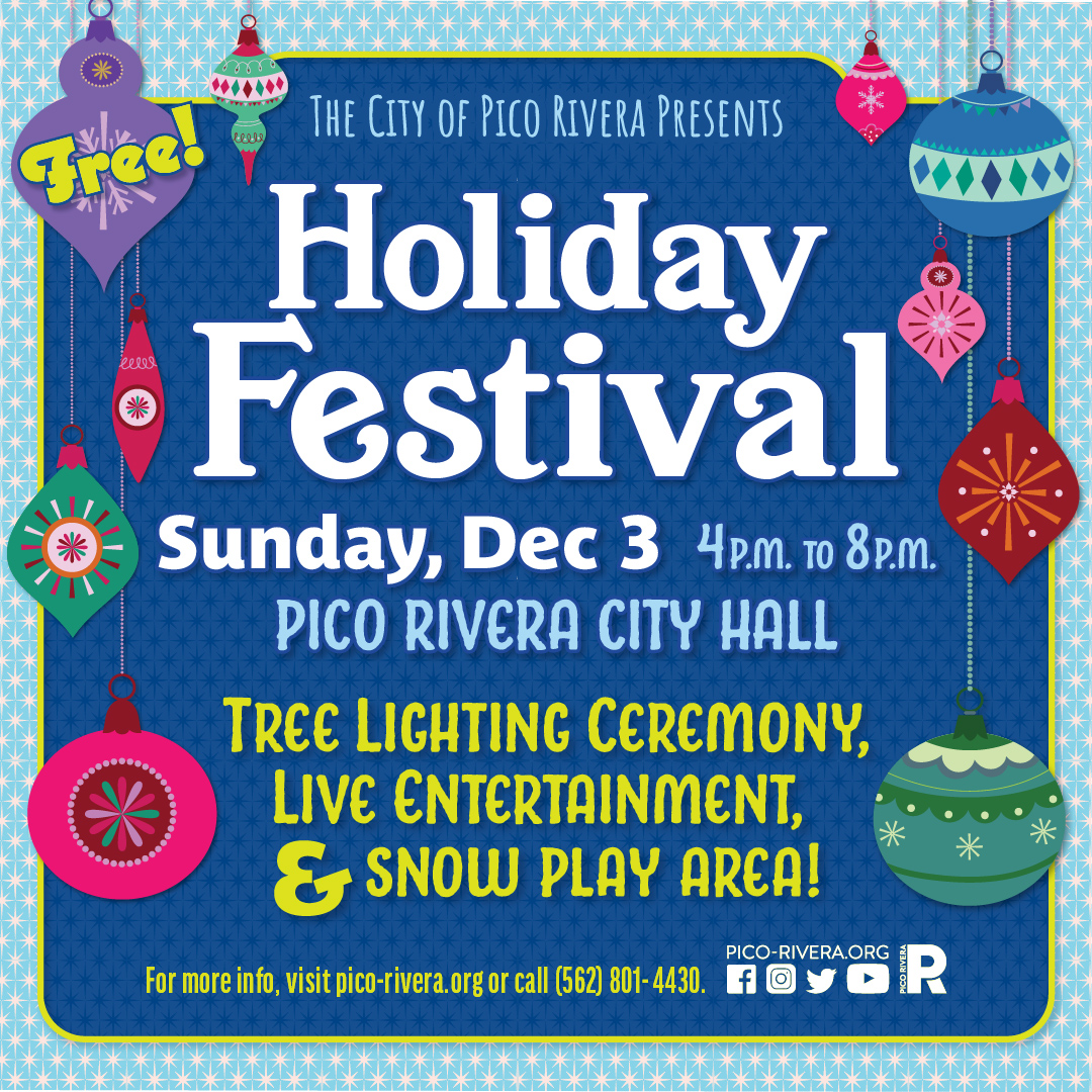 PicoRiveraCity's tweet photo. Join us at City Hall on Sunday, December 3 for an evening of HOLIDAY FUN for the annual Holiday Festival and Tree Lighting Festival!!!

For more information, call 562.801.4430. See ya there!!! https://t.co/2VRfy0usJC